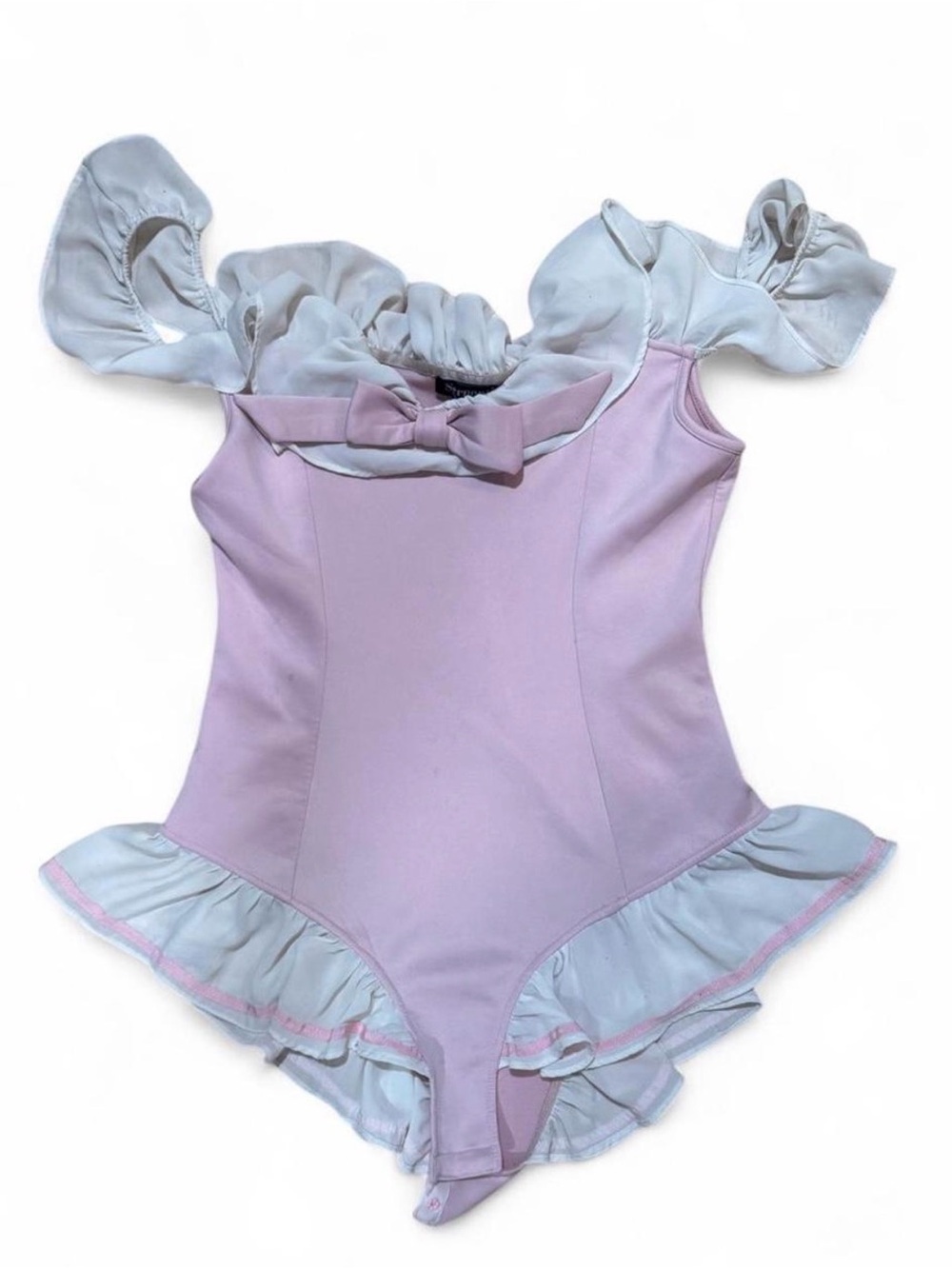 Serpenti Apparel Pink White Ruffle Off Shoulder Coquette Bodysuit S/M